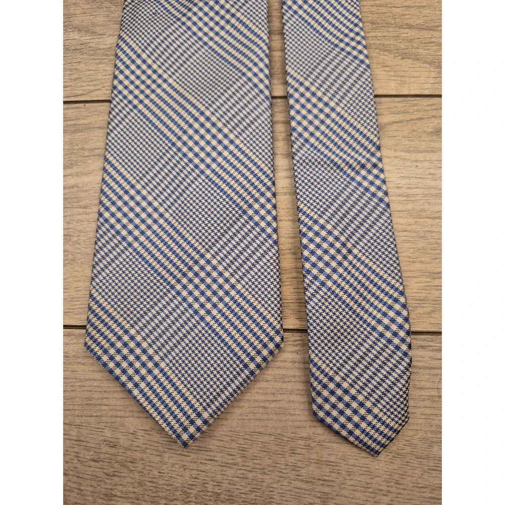 Polo Ralph Lauren Mens Blue White Glen Plaid Silk Necktie Hand Made in‎ Italy